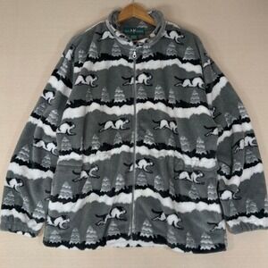 Big Dogs Fleece Jacket Mens Medium Gray All Over Print Full Zip Running Dog Tree